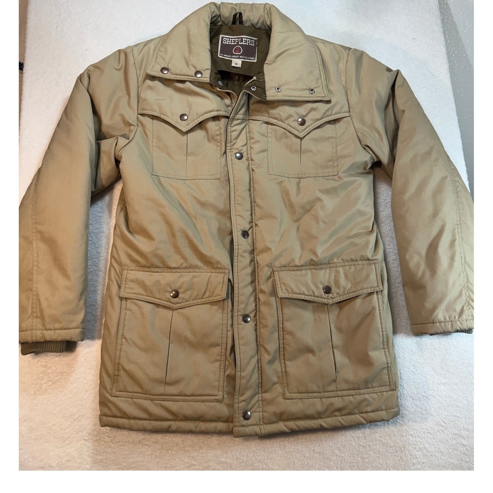 Vintage Sheplers Western Parka Jacket Tan Khaki Pockets Mens Small NO HOOD